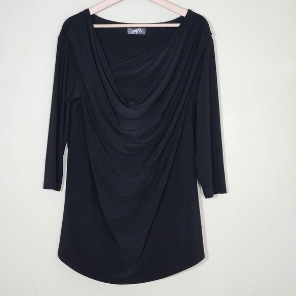 Sympli Top Women 12 Black Shawl Round Neck 3/4 Sleeve Lagenlook Drapey Goth - Picture 1 of 12